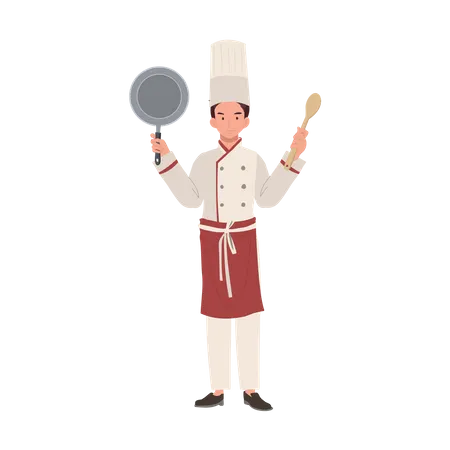 Male Chef in Chef Hat Holding Pan and Turner  Illustration