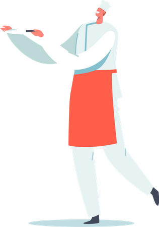 Male Chef in Red Apron Holding Beef Knife  Illustration