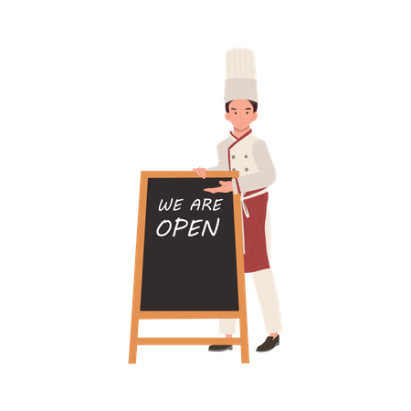 Male Chef Inviting with Welcoming Gesture near welcome board  イラスト