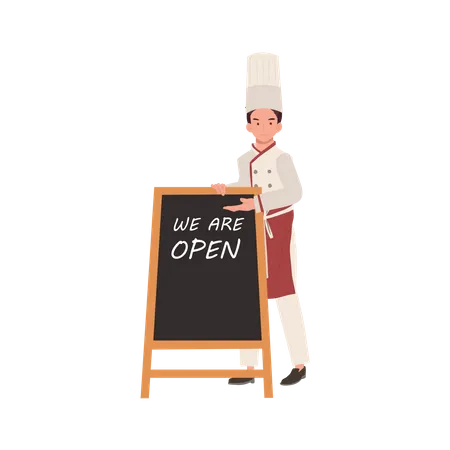 Experienced Chef In Friendly Gesture Male Chef Inviting With Welcoming Gesture Near Welcome Board Flat Vector Cartoon Illustration Illustration