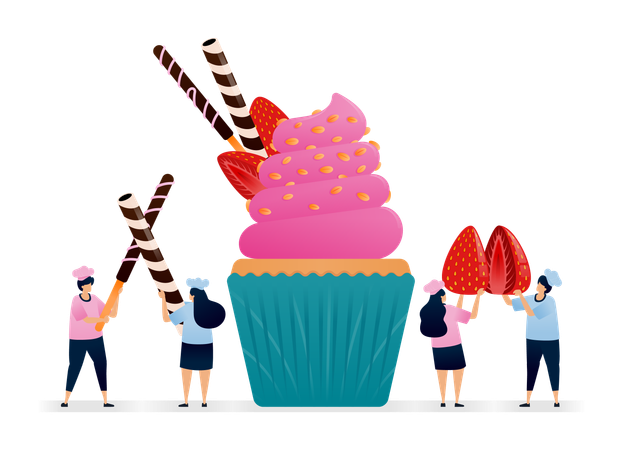 Male Chef making cupcake topped with peanut sprinkles  Illustration