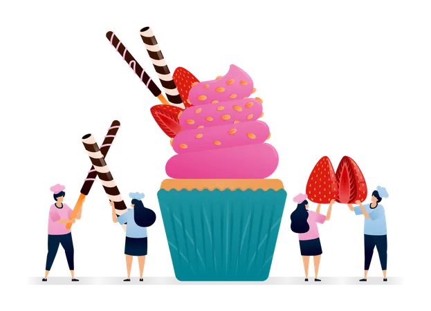 Male Chef making cupcake topped with peanut sprinkles  Illustration