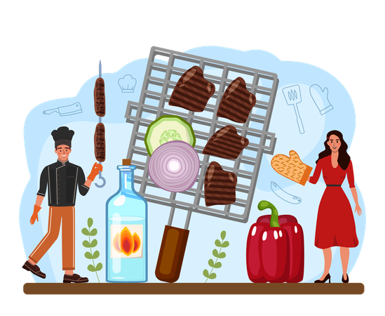 Male chef making Delicious barbecue with hot  イラスト