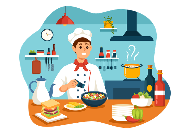 Male chef making food at French Food Restaurant  イラスト