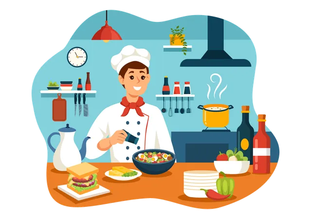 Male chef making food at French Food Restaurant  Illustration