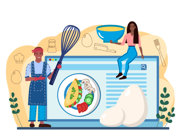 Male chef making online Omelette eggs with vegetables  イラスト