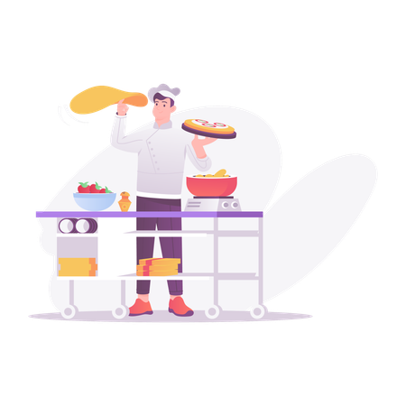 Male Chef Making Pizza  Illustration