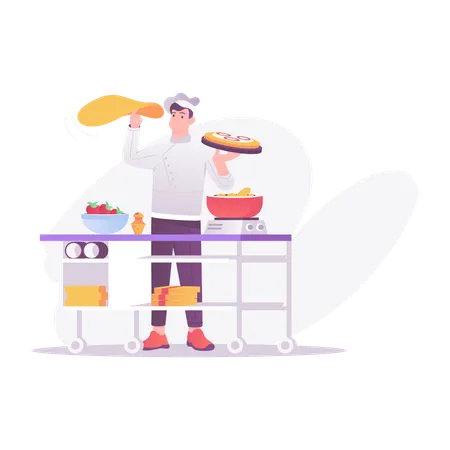 Male Chef Making Pizza  Illustration