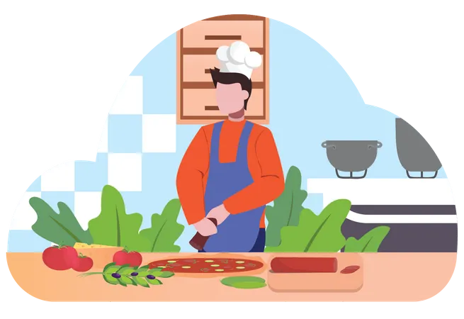 Male chef Making pizza in kitchen Illustration