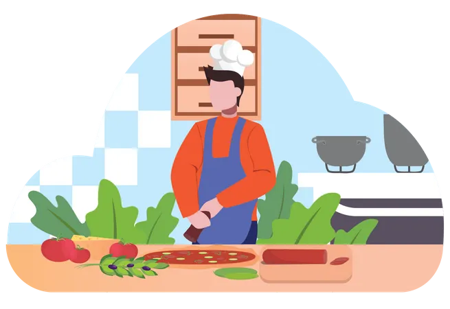 Male chef Making pizza in kitchen  Illustration