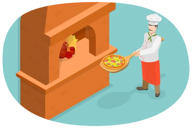 Male chef making Pizza in Stone Oven  Illustration