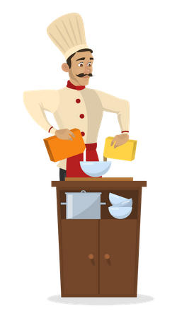 Male chef mixing flour with milk Illustration