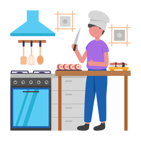 Male Chef prepares sushi  Illustration