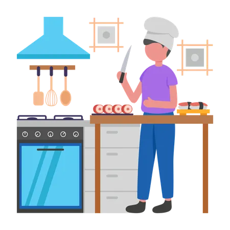 Male Chef prepares sushi  Illustration