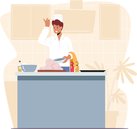 Male chef preparing delicious meal in the kitchen  Illustration