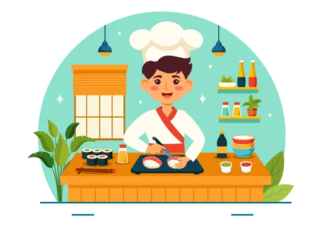 Sushi Bar Vector Illustration Of Japan Asian Food Or Restaurant Of Sashimi And Rice For Eating With Soy Sauce And Wasabi In Flat Cartoon Background Illustration