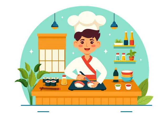 Male chef Preparing sushi dish  Illustration