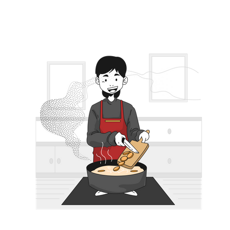 Male chef Putting ingredients into pot  Illustration