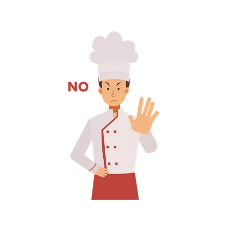 Male Chef In A Cook Coat Doing No Stop Hand Sign Flat Vector Cartoon Character Illustration