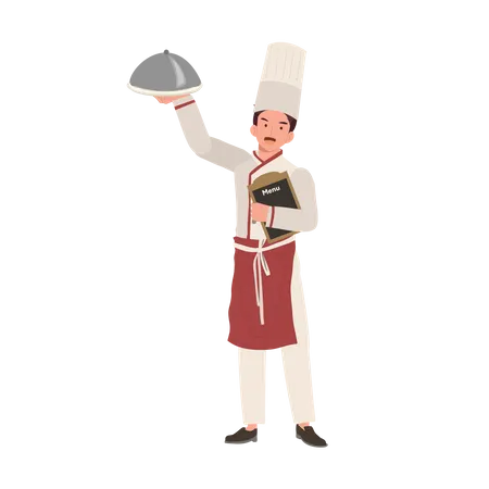 Full Length Chef Illustration Male Chef Showing Recommend Menu Flat Vector Cartoon Illustration イラスト