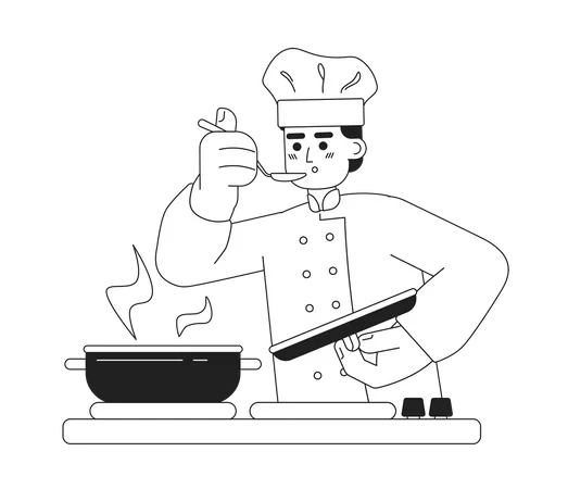 Male Chef Monochromatic Flat Vector Character Editable Thin Line Half Body Man In Chef Hat With Spoon Try Dish On White Simple Bw Cartoon Spot Image For Web Graphic Design Illustration