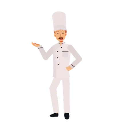 Happy Male Chef Doing Welcome Gesture Flat Vector Cartoon Character Illustration Illustration