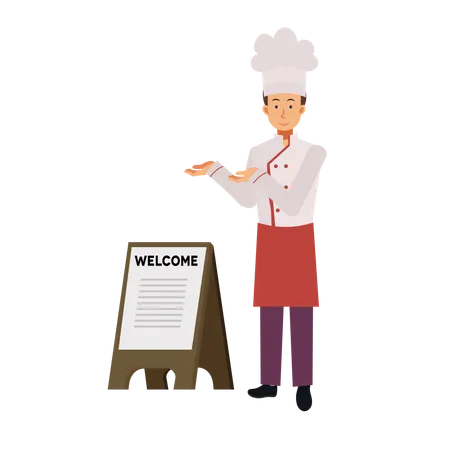 Man Chef Is Calling Customers Into The Front Of Restaurant Welcome Sign Flat Vector Cartoon Character Illustration