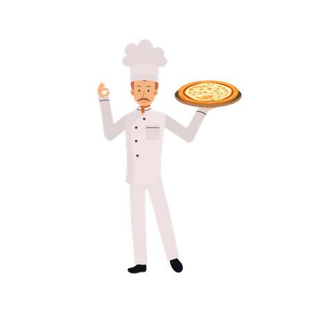 Male Chef With Pizza And Ok Gesture Illustration