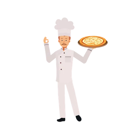 Man In Chef Uniform And Chef Hat Is Holding Pizza And Doing Ok Hand Sign Gesture Flat Vector Cartoon Character Illustration Illustration