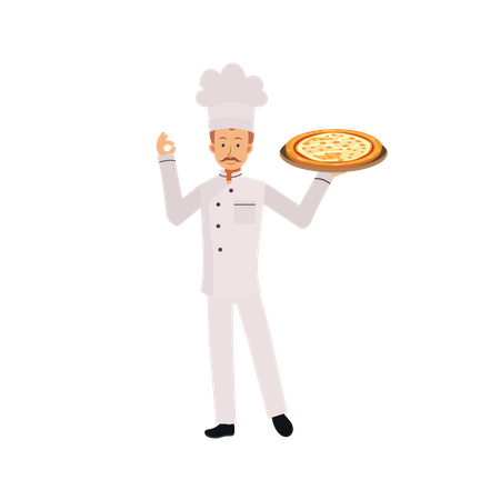 Male Chef With Pizza And Ok Gesture  Illustration