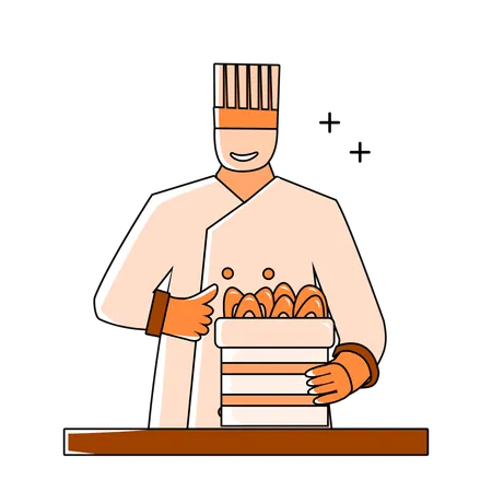 Male chef with raw seafood ingredients  Illustration