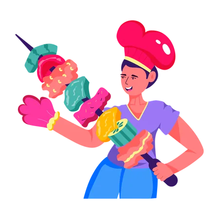 Male chef with skewer in hand  Illustration