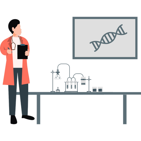 Male chemist analyzing experiment in laboratory  Illustration