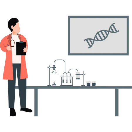 Male chemist analyzing experiment in laboratory  Illustration