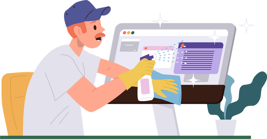 Male cleaner engaged in pc software quality assurance process  Illustration