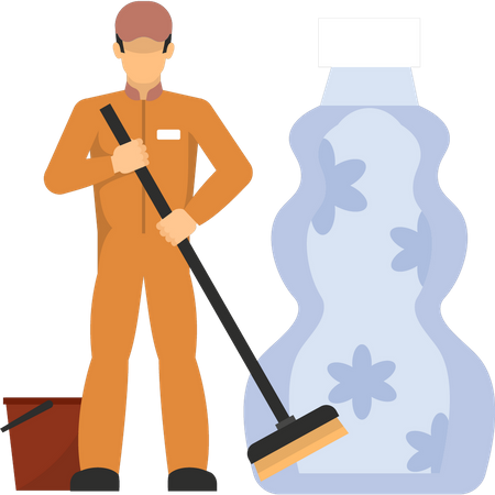 Male cleaner standing with brush  Illustration