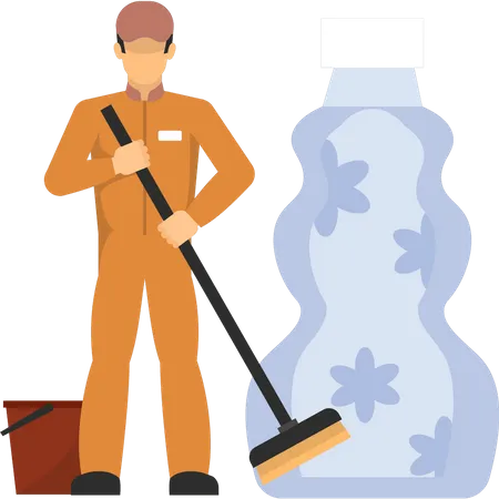 A Cleaner Stands With A Brush Illustration