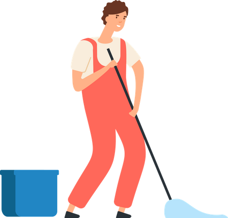Male cleaner sweeping floor  イラスト