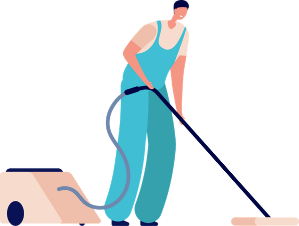 Male cleaner vacuuming floor Illustration