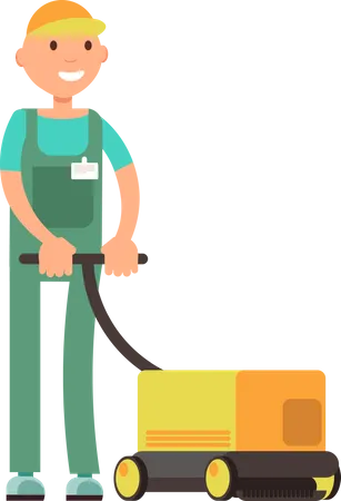 Male cleaner vacuuming floor  Illustration