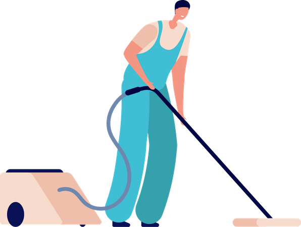 Male cleaner vacuuming floor  Illustration