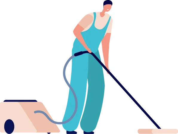 Male cleaner vacuuming floor  Illustration