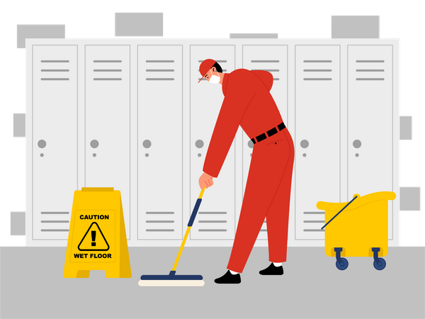 Male cleaning worker clean locker floor in school  Illustration