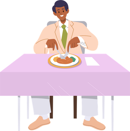 Male client eating dinner while sitting at served restaurant table  Illustration