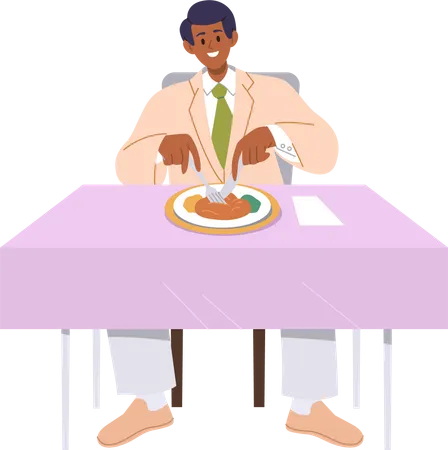 Satisfied Male Client Eating Dinner While Sitting At Served Restaurant Table Isolated On White Background Flat Cartoon Happy Smiling Man Consumer Character Having Delicious Lunch Vector Illustration Illustration