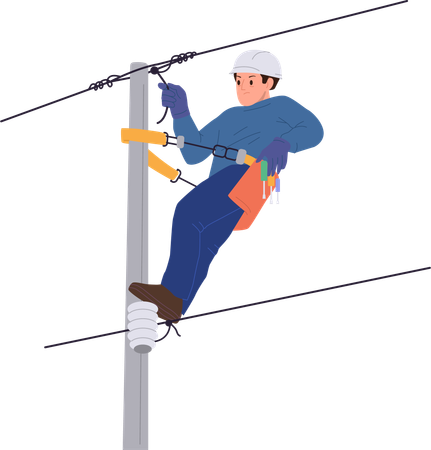 Male climber electric worker repairing city street electrical net using safety rope  Illustration