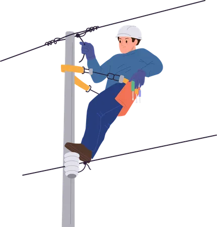 Male climber electric worker repairing city street electrical net using safety rope  Illustration