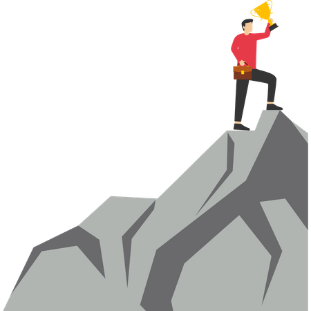 Male climbing mountain to achieve goal of getting trophy  Illustration