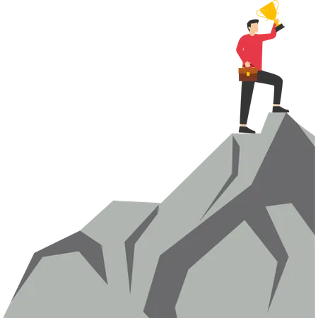 Male climbing mountain to achieve goal of getting trophy  Illustration