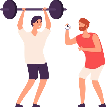 Fitness Trainer Male Personal Coach Helps Bodybuilder Guy Training Exercising Gym Isolated Vector Set Coach Gym Training Trainer Fitness Instructor Illustration Illustration